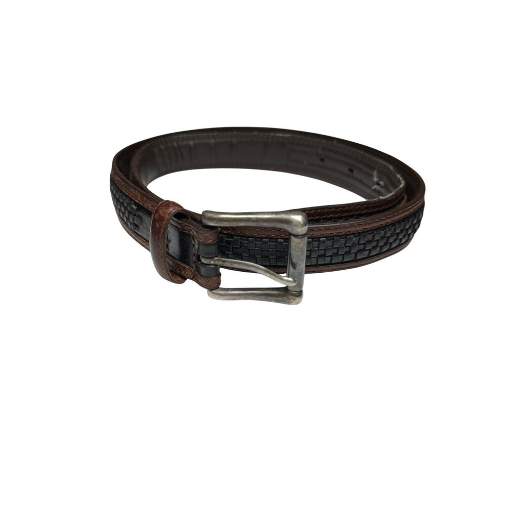Vintage Western Black Brown Leather Belt Basketweave Silver Color Buckle Size 36